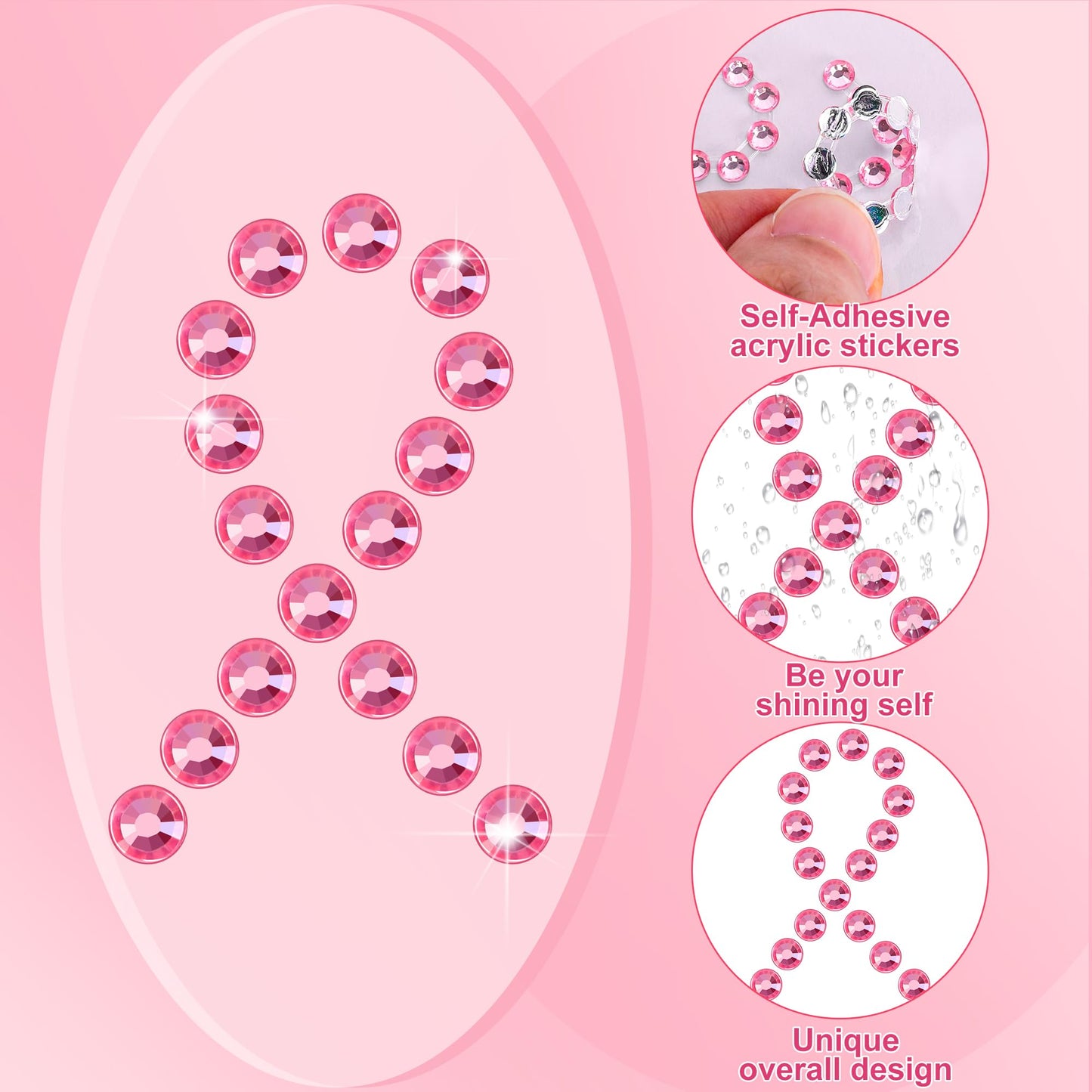 Tlswshsy Pink Ribbon Gem Stickers — 8-Count Self-Adhesive Breast Cancer Awareness Set for Events & DIY