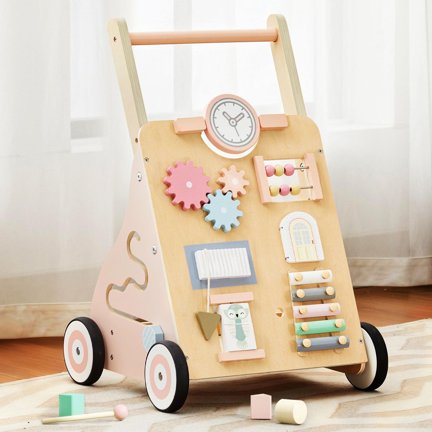 Tltaroni Wooden Baby Walker with Activity Panel – Adjustable Height, Safe for 9+ Months