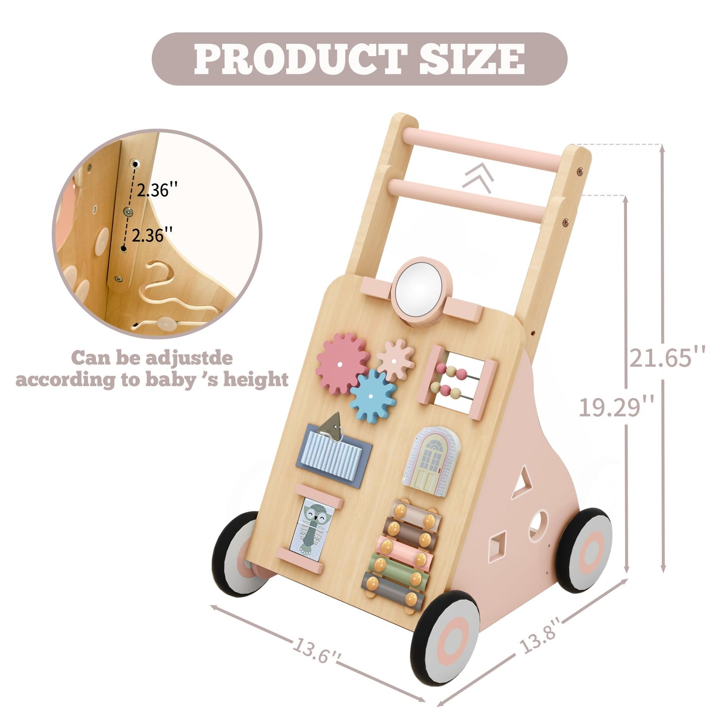 Tltaroni Wooden Baby Walker with Activity Panel – Adjustable Height, Safe for 9+ Months
