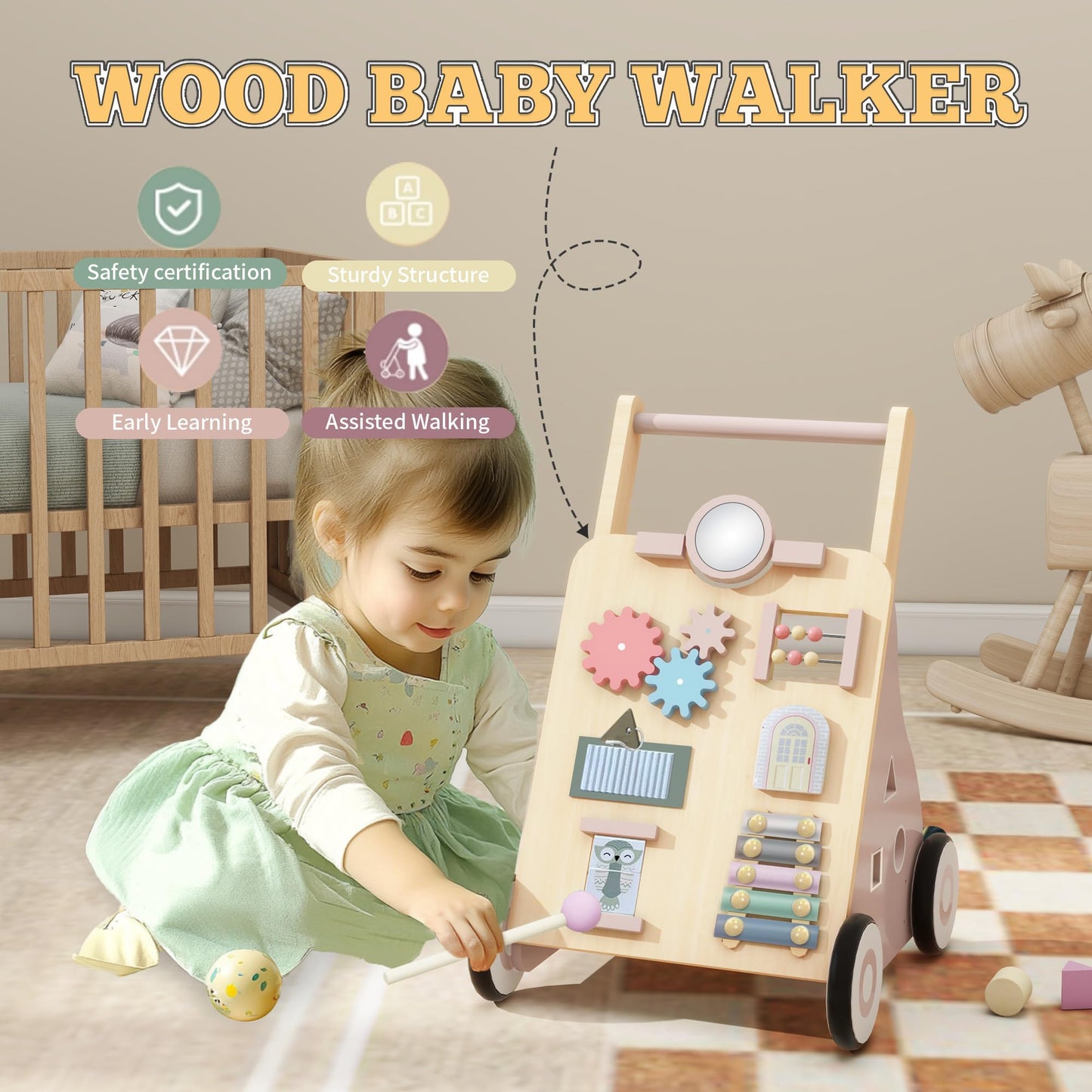 Tltaroni Wooden Baby Walker with Activity Panel – Adjustable Height, Safe for 9+ Months