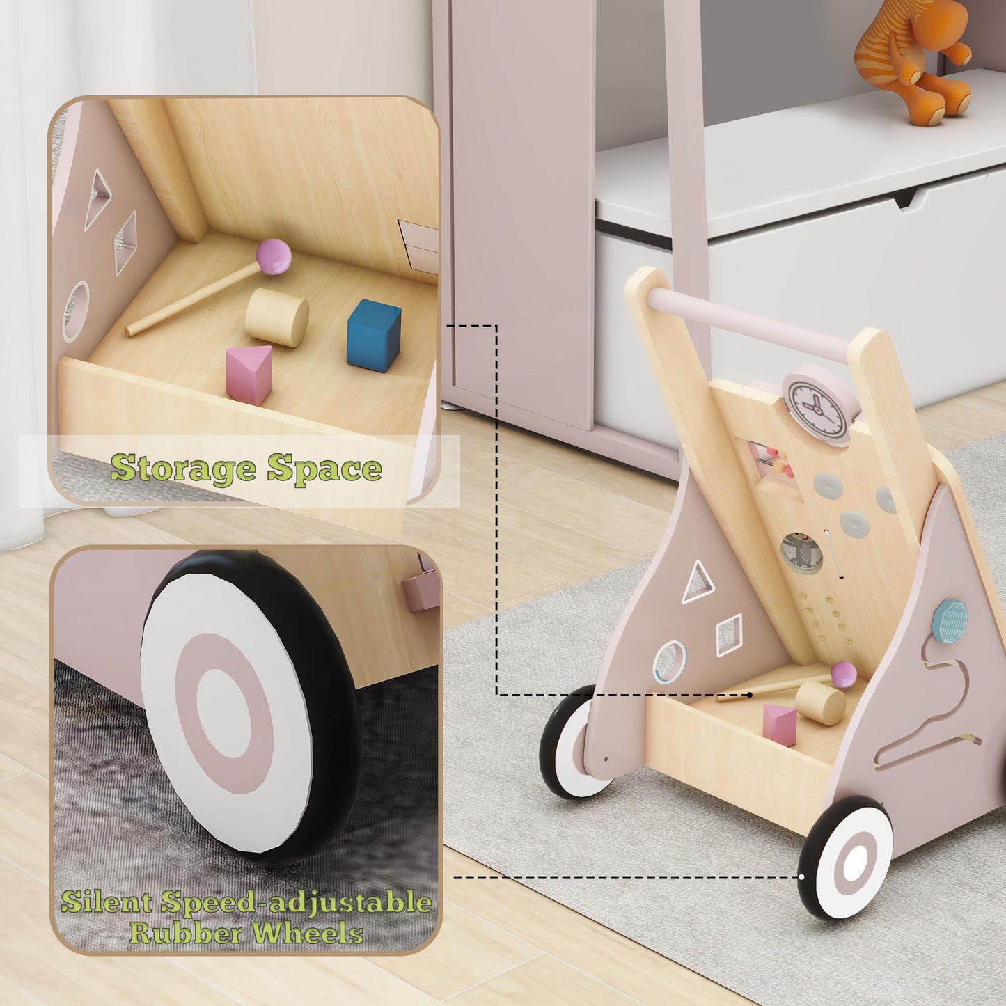 Tltaroni Wooden Baby Walker with Activity Panel – Adjustable Height, Safe for 9+ Months