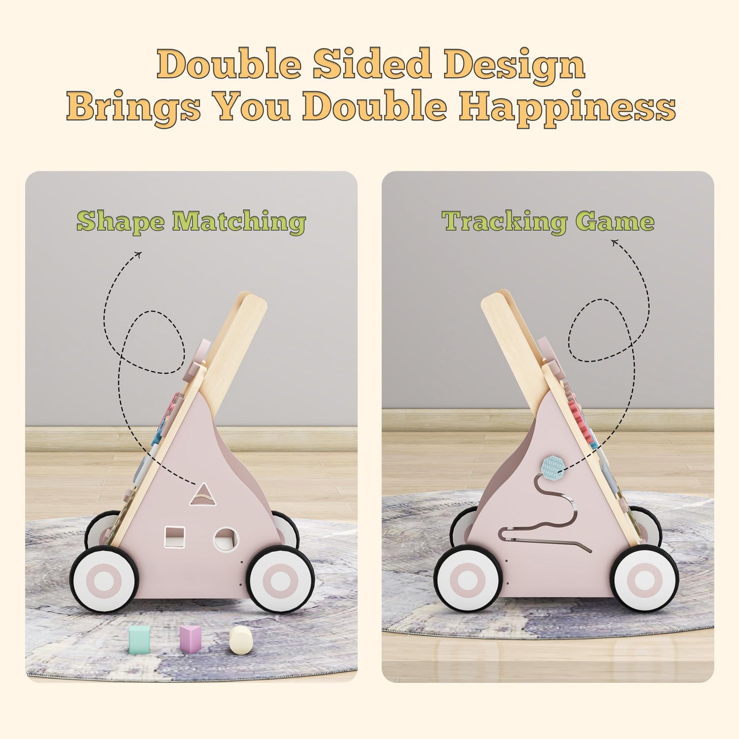 Tltaroni Wooden Baby Walker with Activity Panel – Adjustable Height, Safe for 9+ Months