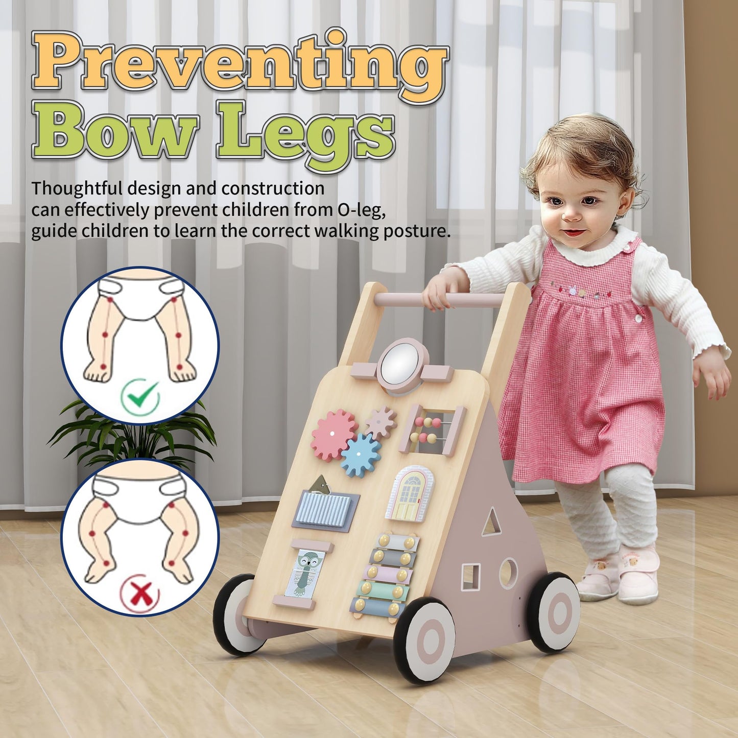 Tltaroni Wooden Baby Walker with Activity Panel – Adjustable Height, Safe for 9+ Months