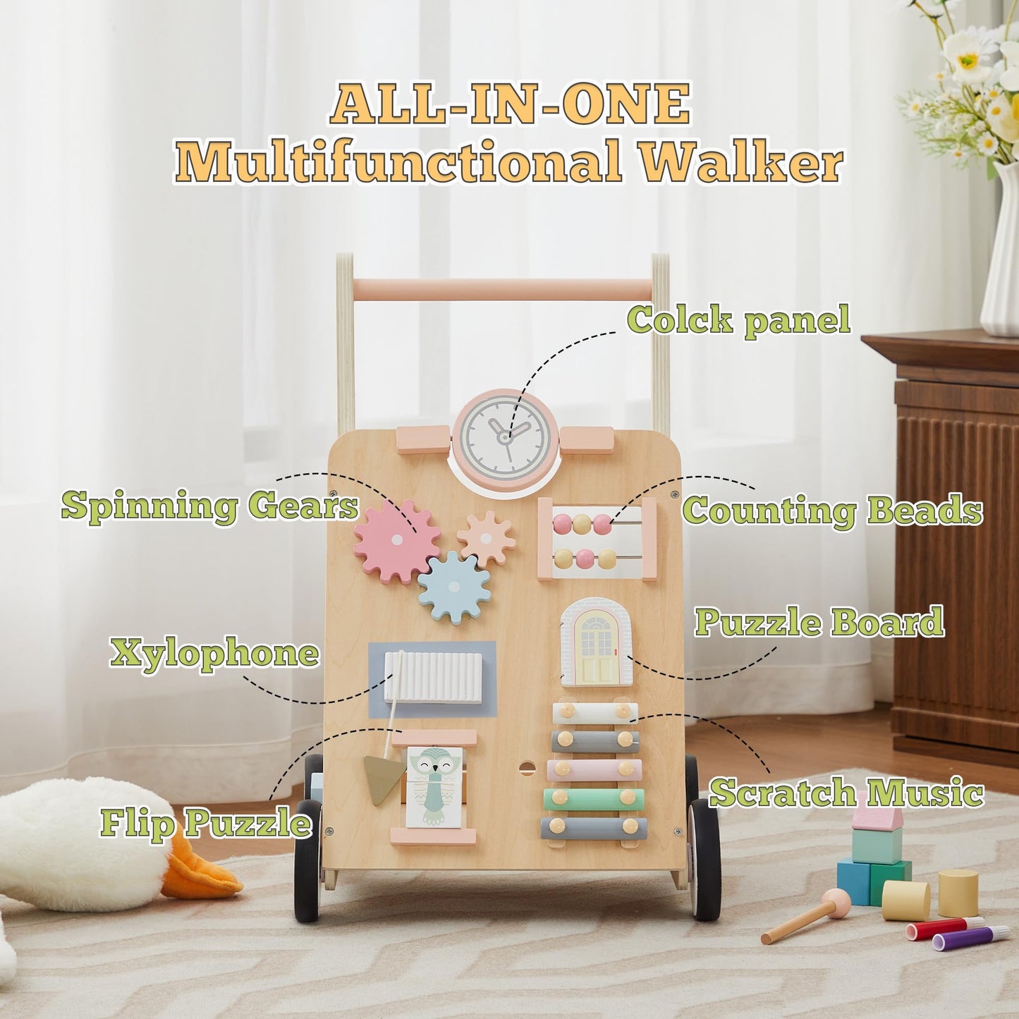 Tltaroni Wooden Baby Walker with Activity Panel – Adjustable Height, Safe for 9+ Months