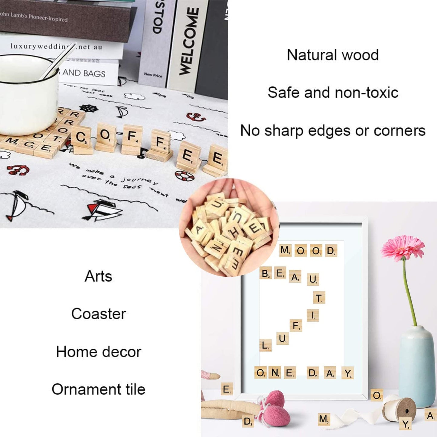 TMEEIHNSS 100 Pcs Wooden Alphabet Tiles – Scrabble-Style Letters for Crafts, Frames & Wall Art
