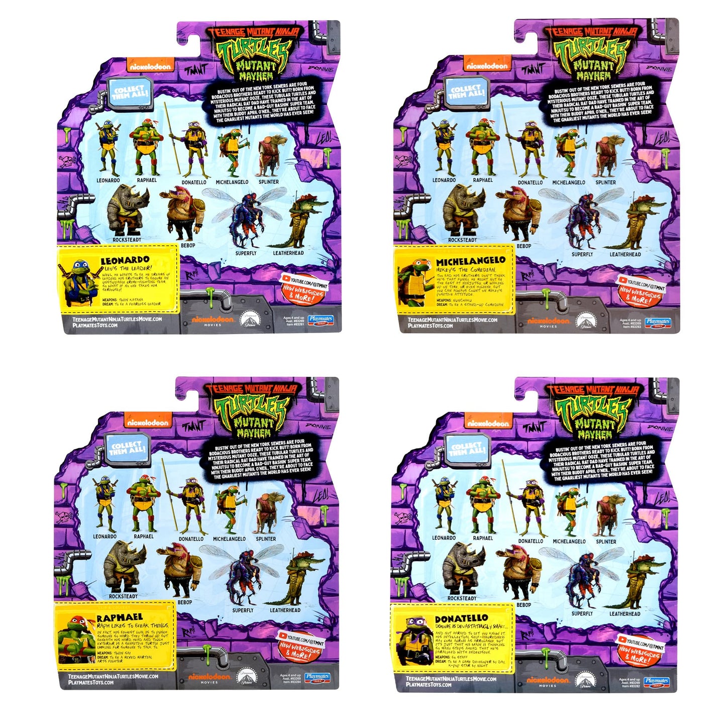 TMNT Mutant Mayhem Basic Figure Turtle 4-Pack Bundle by Playmates Toys