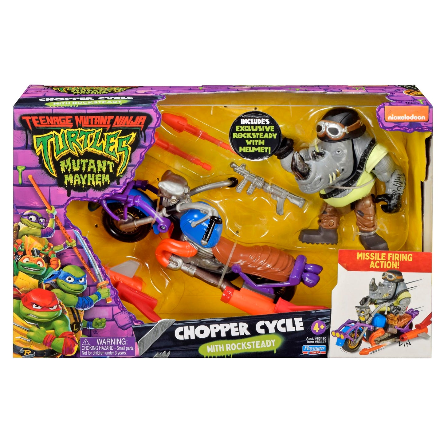 TMNT Mutant Mayhem Chopper Cycle with Exclusive Rocksteady Figure | Playmates Toys
