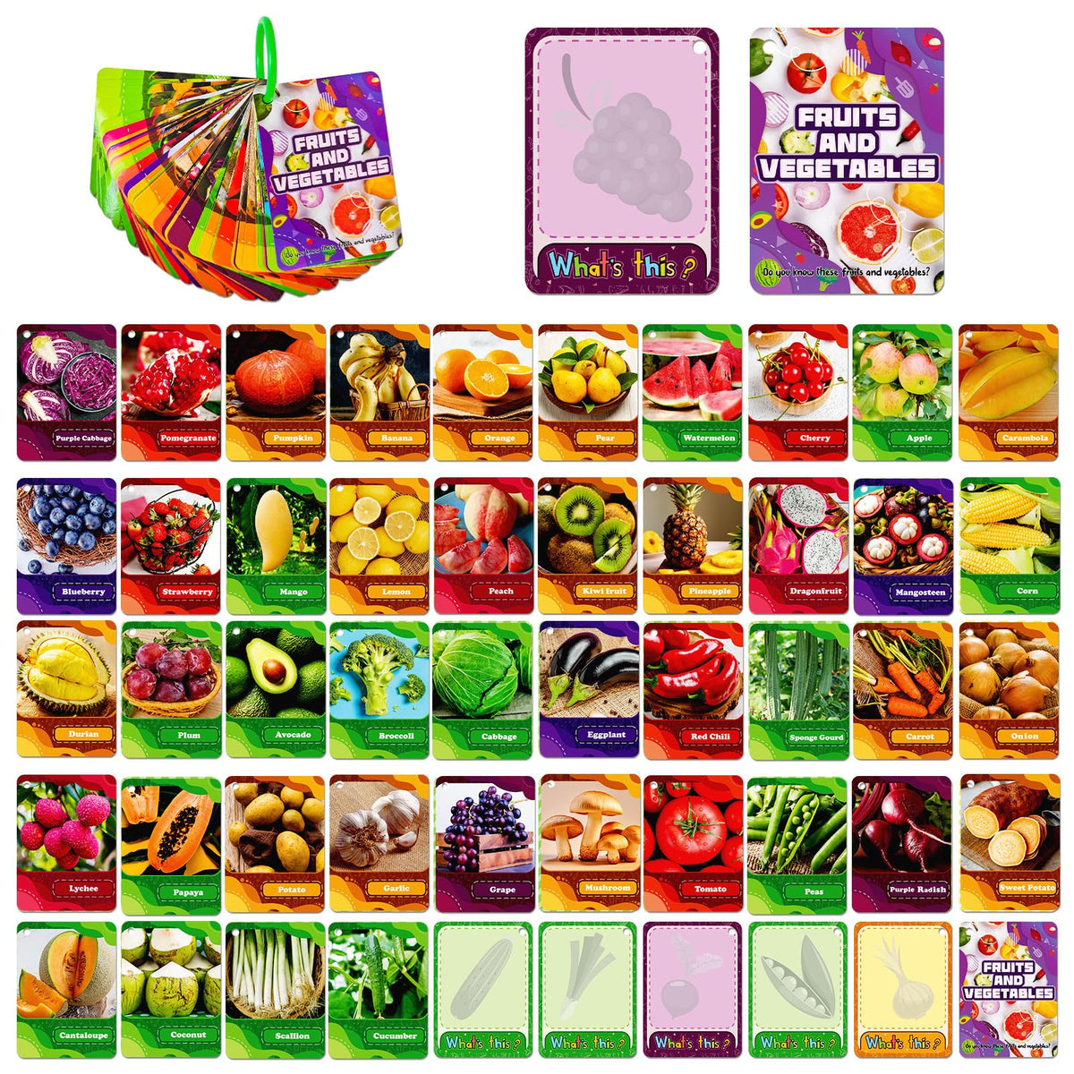 TNCDJKPA 45Pcs Fruits & Veggies Cognitive Cards - Realistic PVC Flash Cards