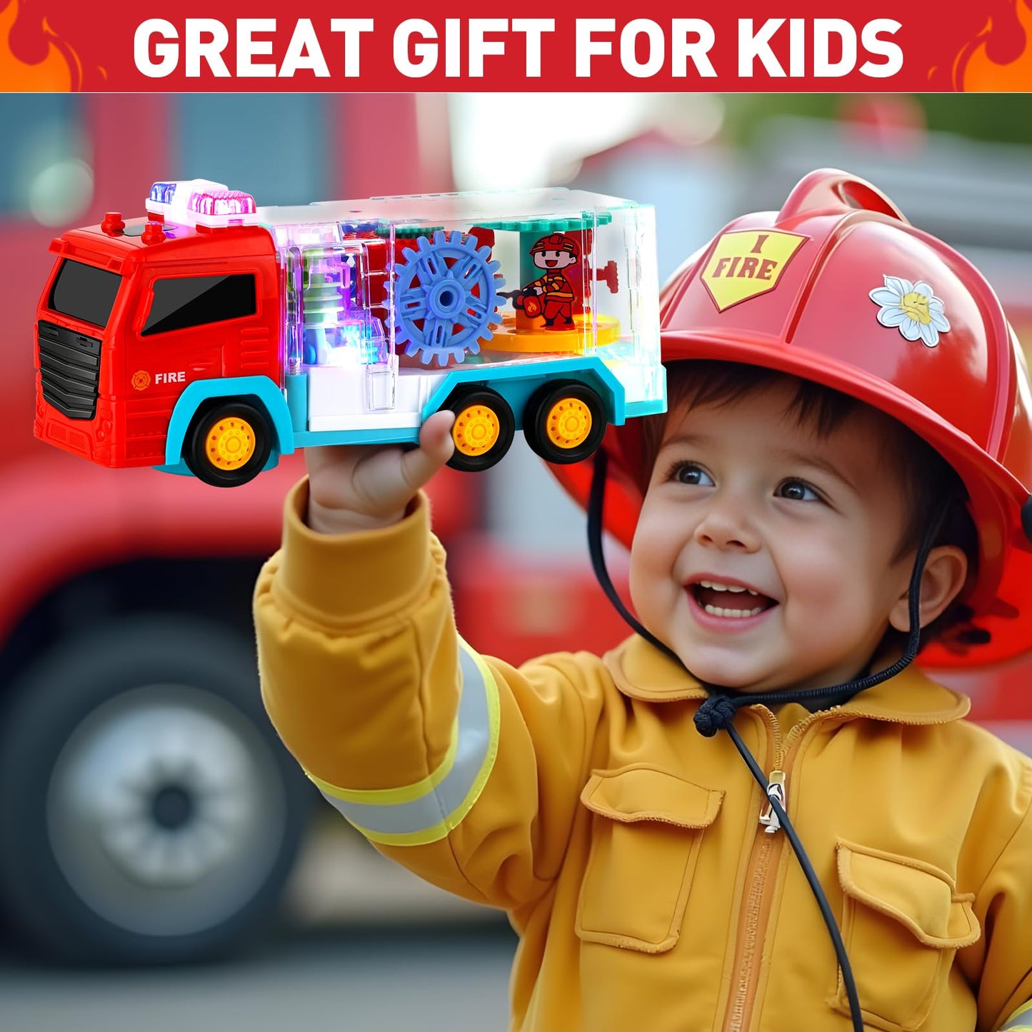 TNOIE Fire Trucks Toy for Toddlers 3-5 | Light Up LED Bump & Go Car