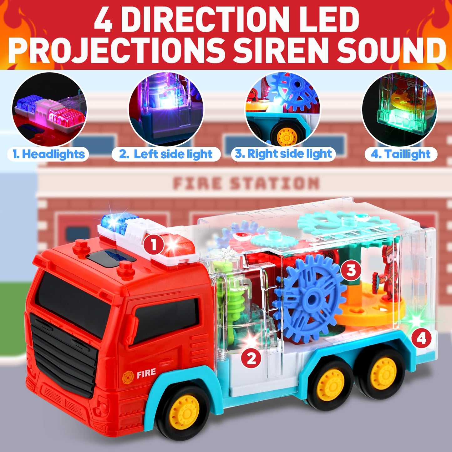 TNOIE Fire Trucks Toy for Toddlers 3-5 | Light Up LED Bump & Go Car