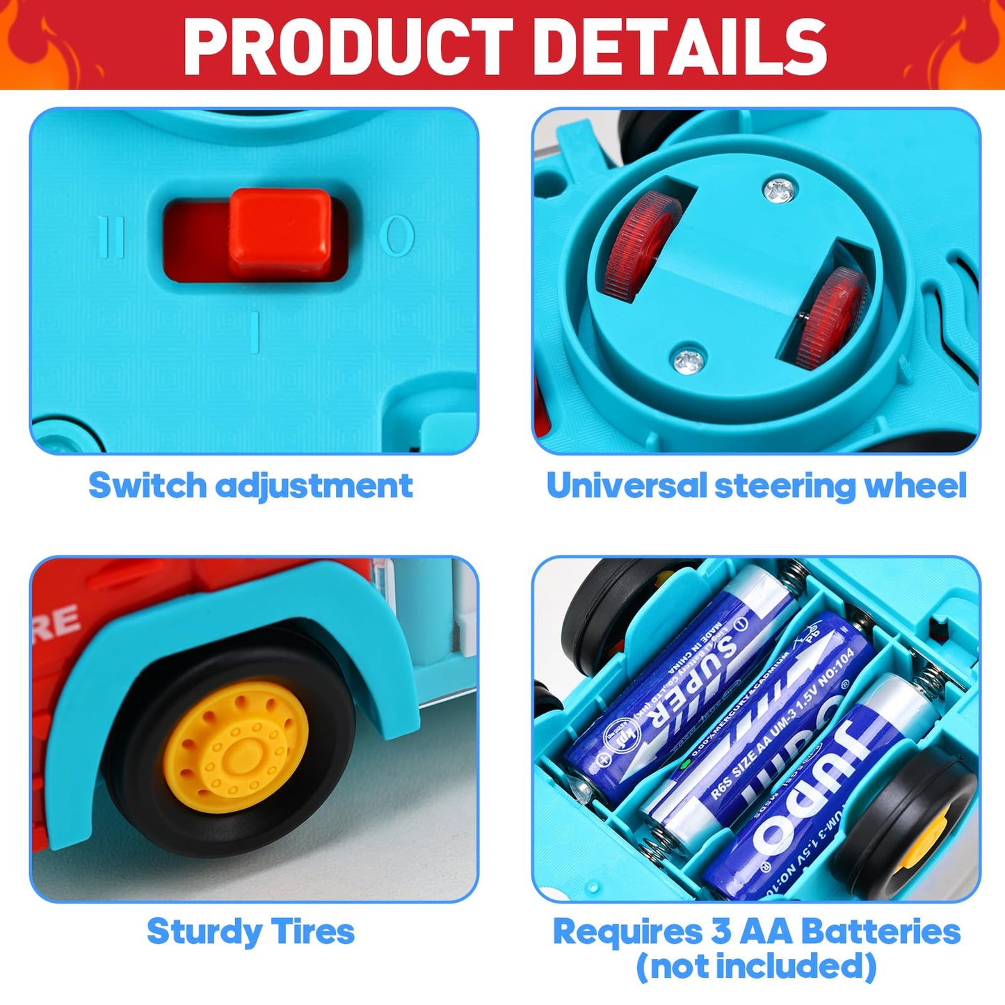 TNOIE Fire Trucks Toy for Toddlers 3-5 | Light Up LED Bump & Go Car