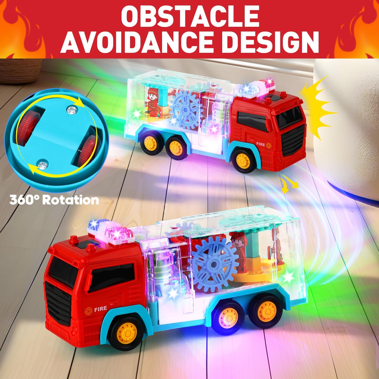 TNOIE Fire Trucks Toy for Toddlers 3-5 | Light Up LED Bump & Go Car