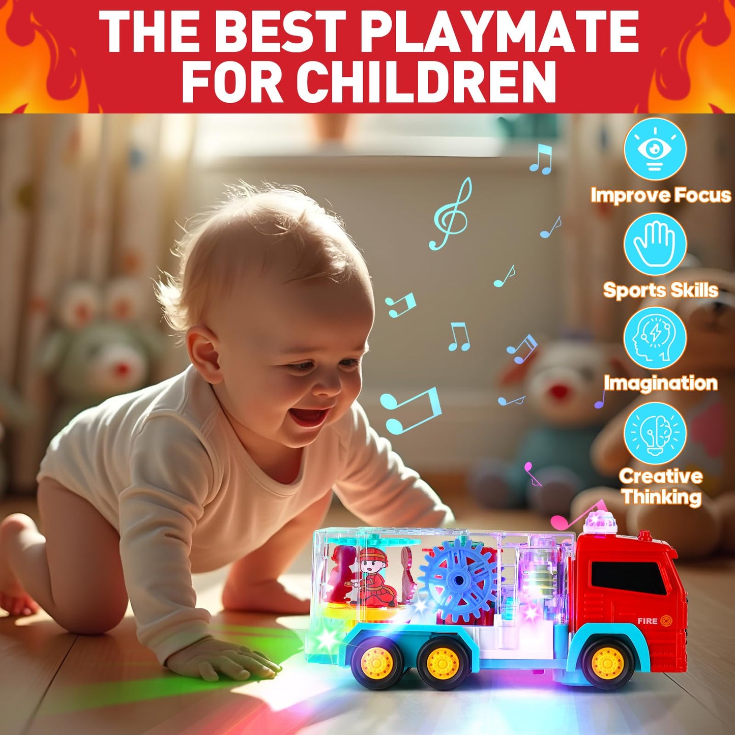TNOIE Fire Trucks Toy for Toddlers 3-5 | Light Up LED Bump & Go Car