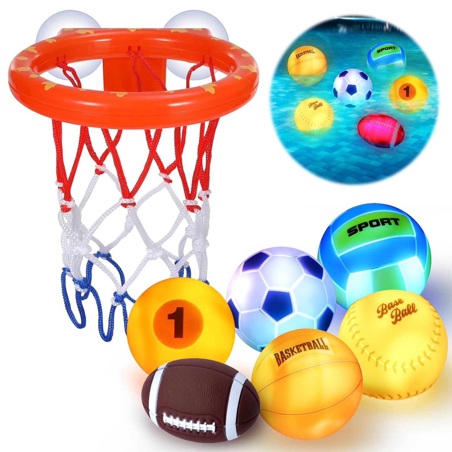 TNOIE Light Up Bath Toys – Bathtub Basketball Hoop for Toddlers 1-3
