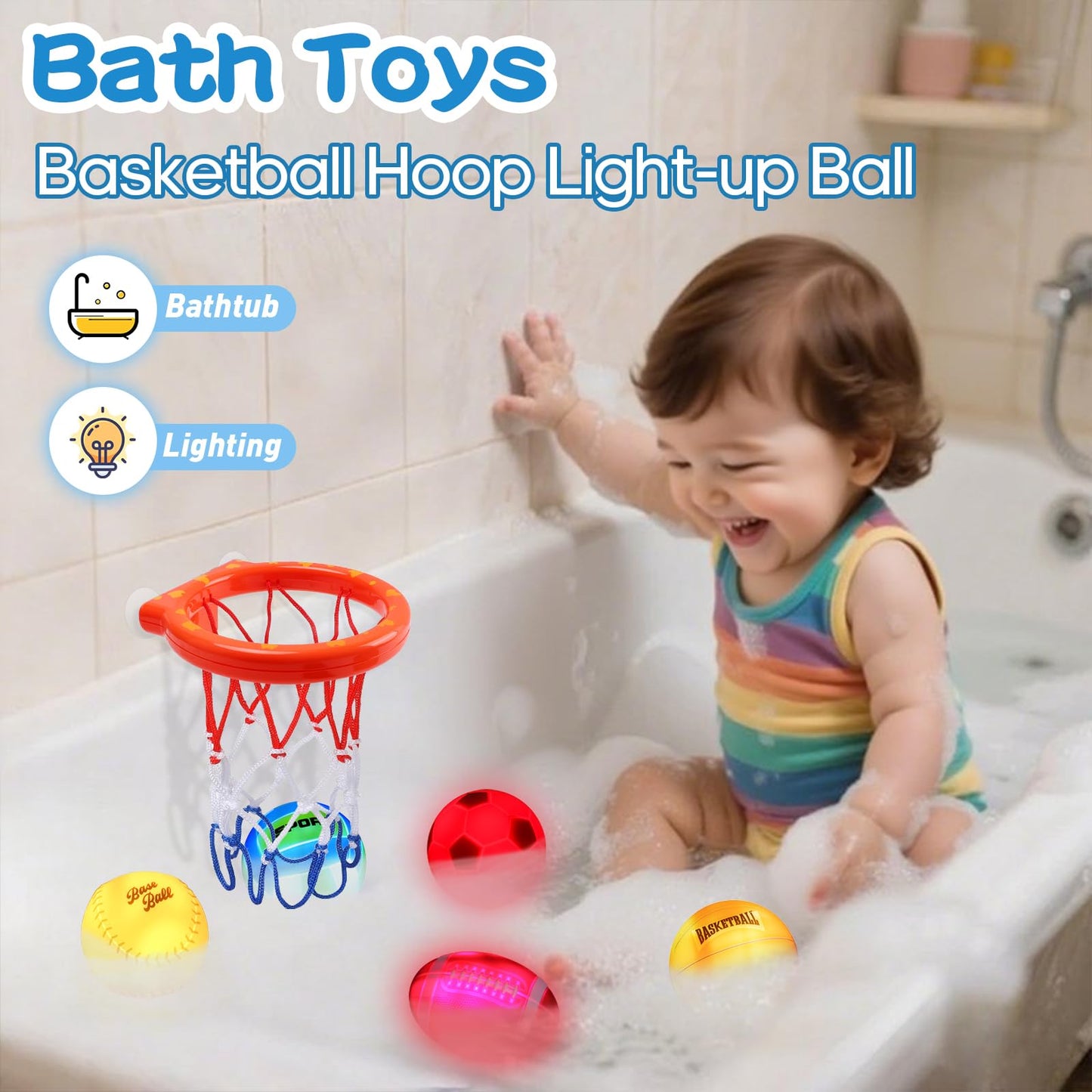 TNOIE Light Up Bath Toys – Bathtub Basketball Hoop for Toddlers 1-3