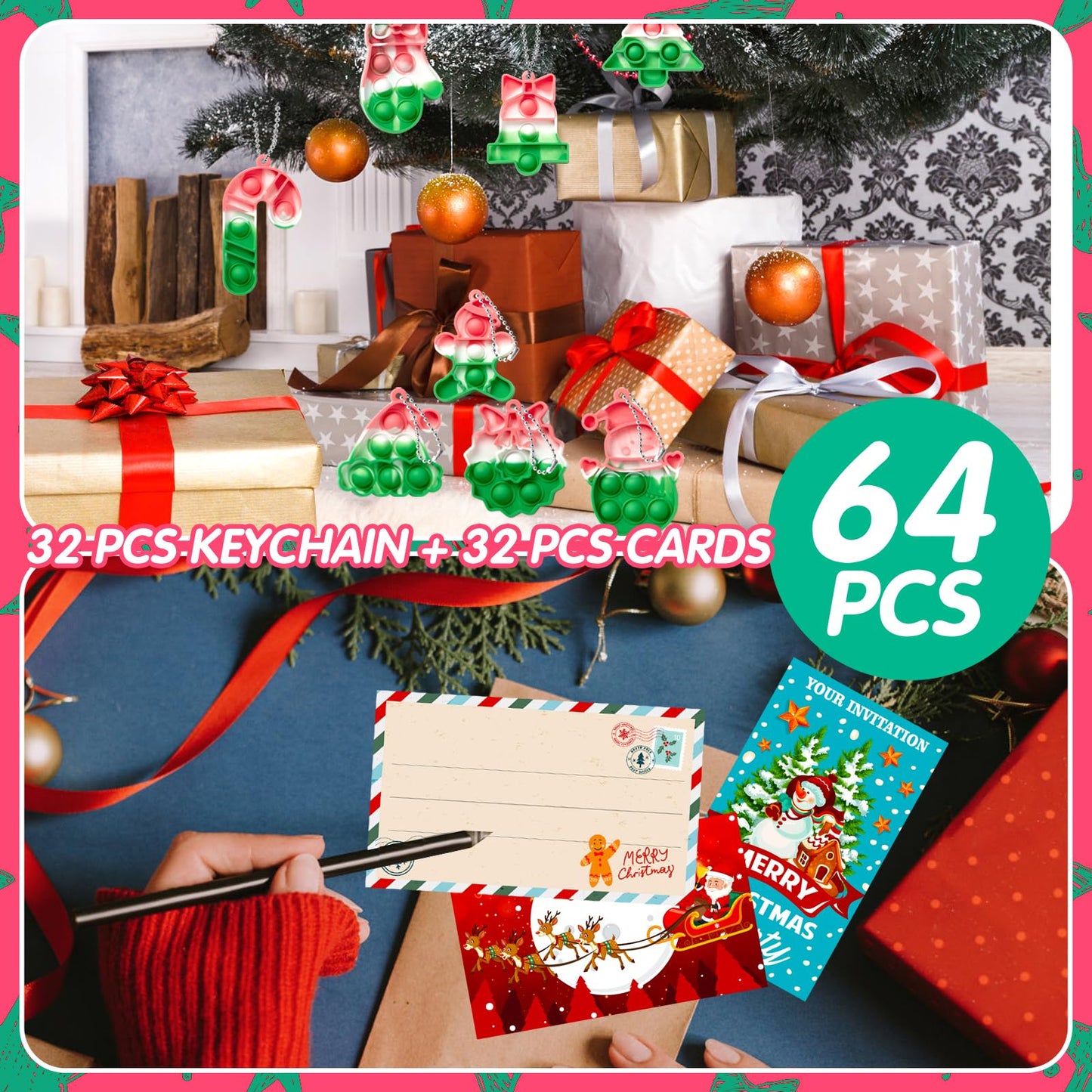 TOANWOD 64-Piece Christmas Fidget Keychains & Cards – 32 Pop Keychains + 32 Double-Sided Cards