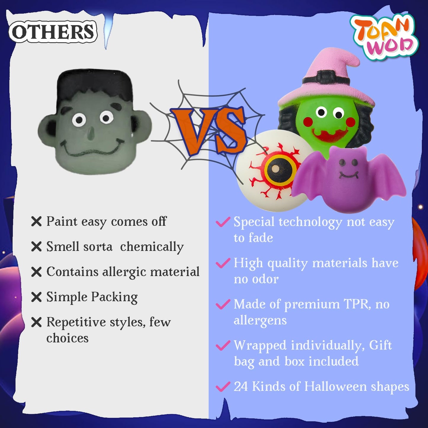 TOANWOD 24Pcs Halloween Mochi Squishy Toys – Party Favors & Classroom Prizes