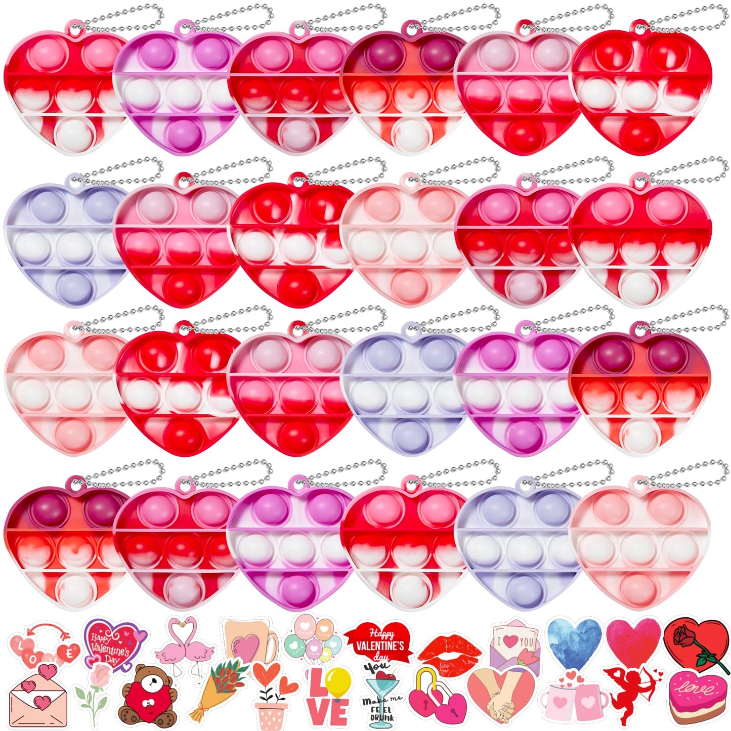 TOANWOD 24Pcs Valentines Pop Fidget Keychains – Mini Party Favors & Classroom Prizes Bulk