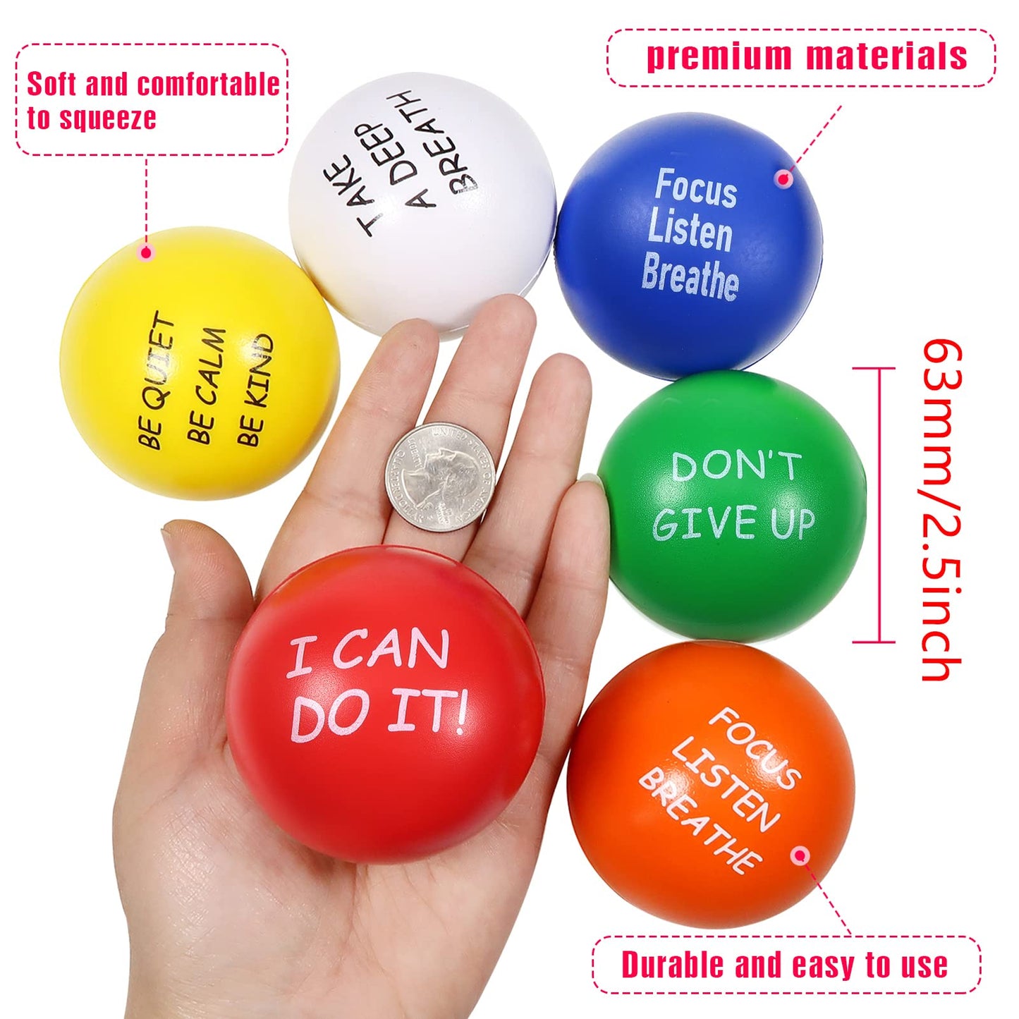 TOAOB Motivational Stress Balls 6 Pack – 2.5-inch Foam Squeeze Balls for Focus & Calm