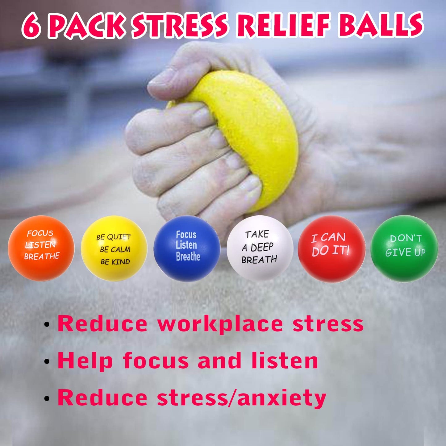 TOAOB Motivational Stress Balls 6 Pack – 2.5-inch Foam Squeeze Balls for Focus & Calm