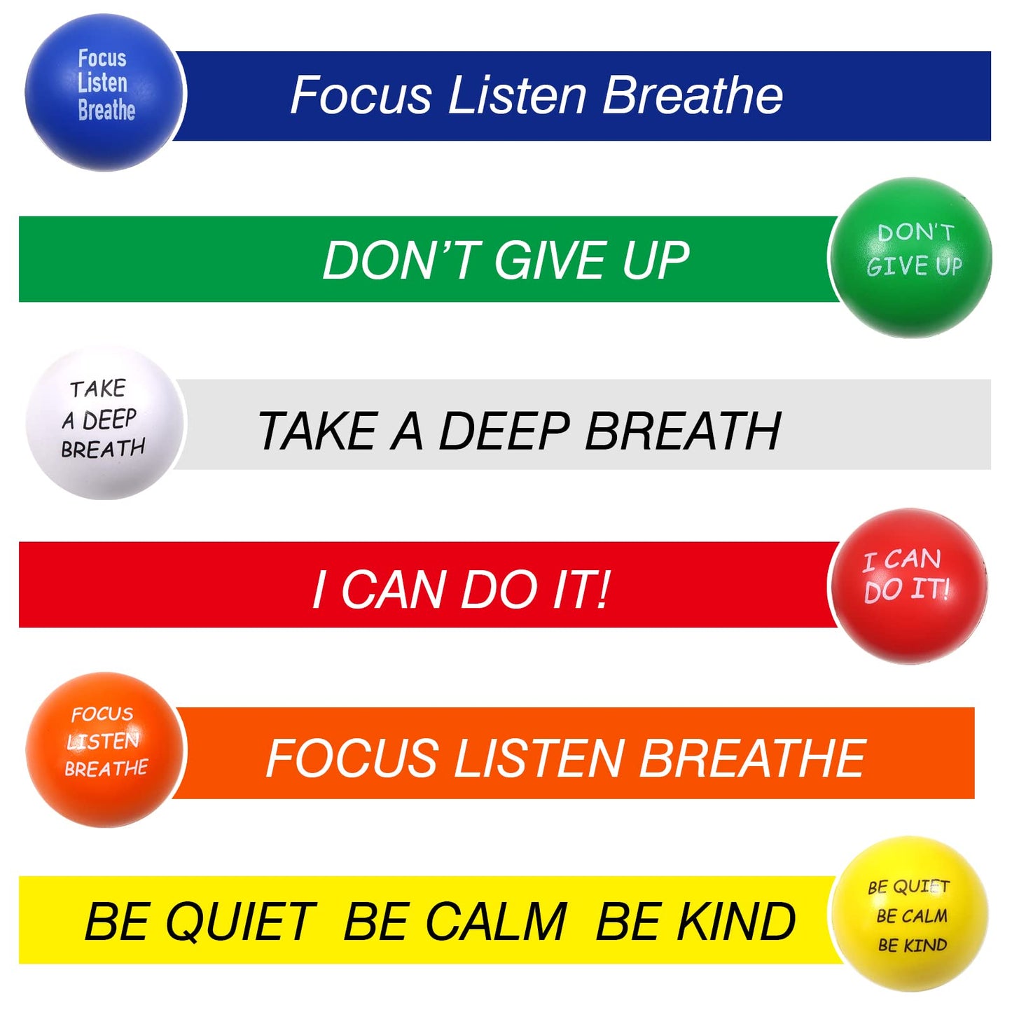 TOAOB Motivational Stress Balls 6 Pack – 2.5-inch Foam Squeeze Balls for Focus & Calm