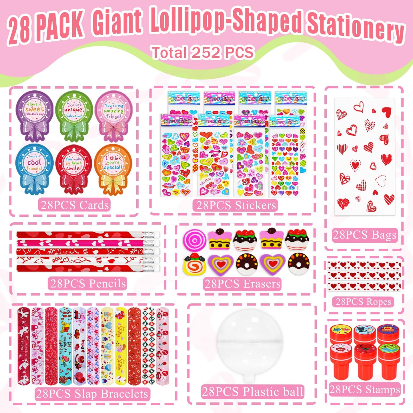 TOAPER 28-Pack Giant Lollipop Valentine Stationery for Kids – Classroom Gift Set
