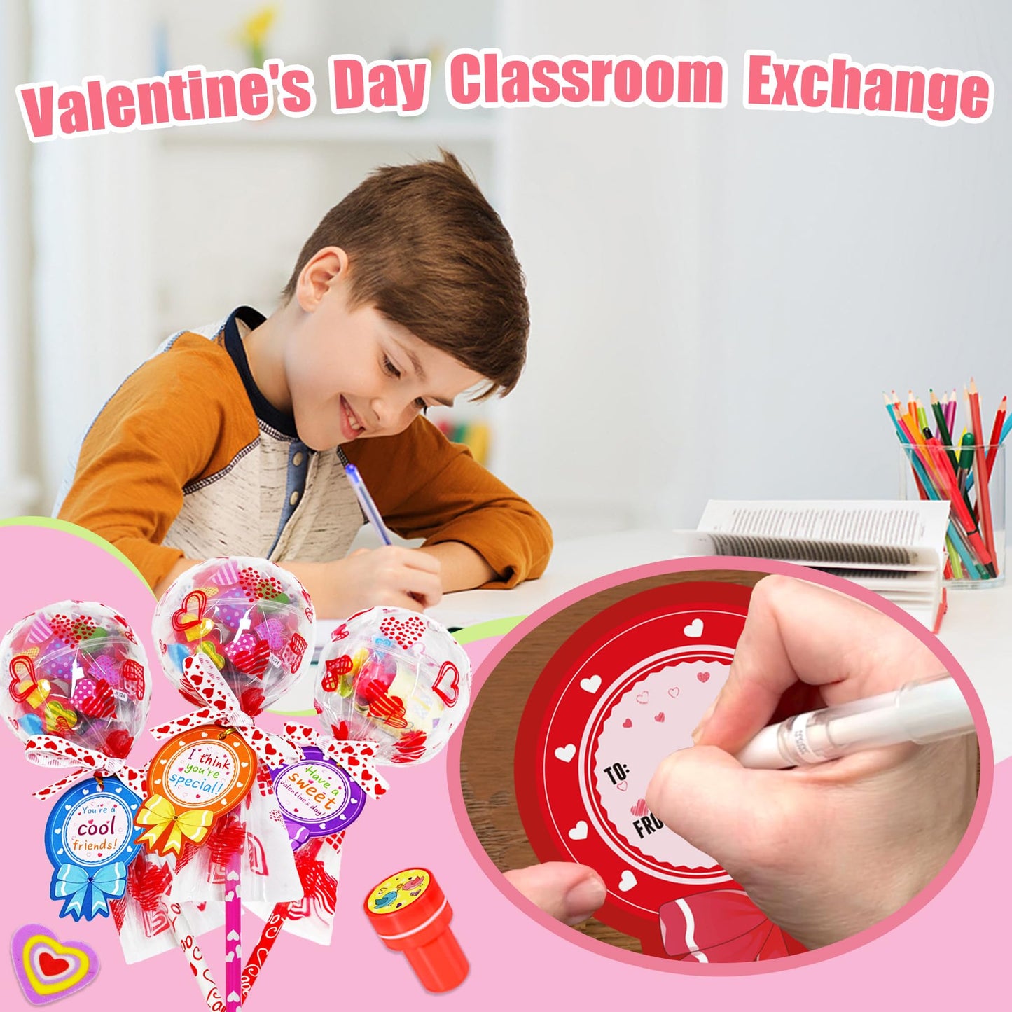 TOAPER 28-Pack Giant Lollipop Valentine Stationery for Kids – Classroom Gift Set
