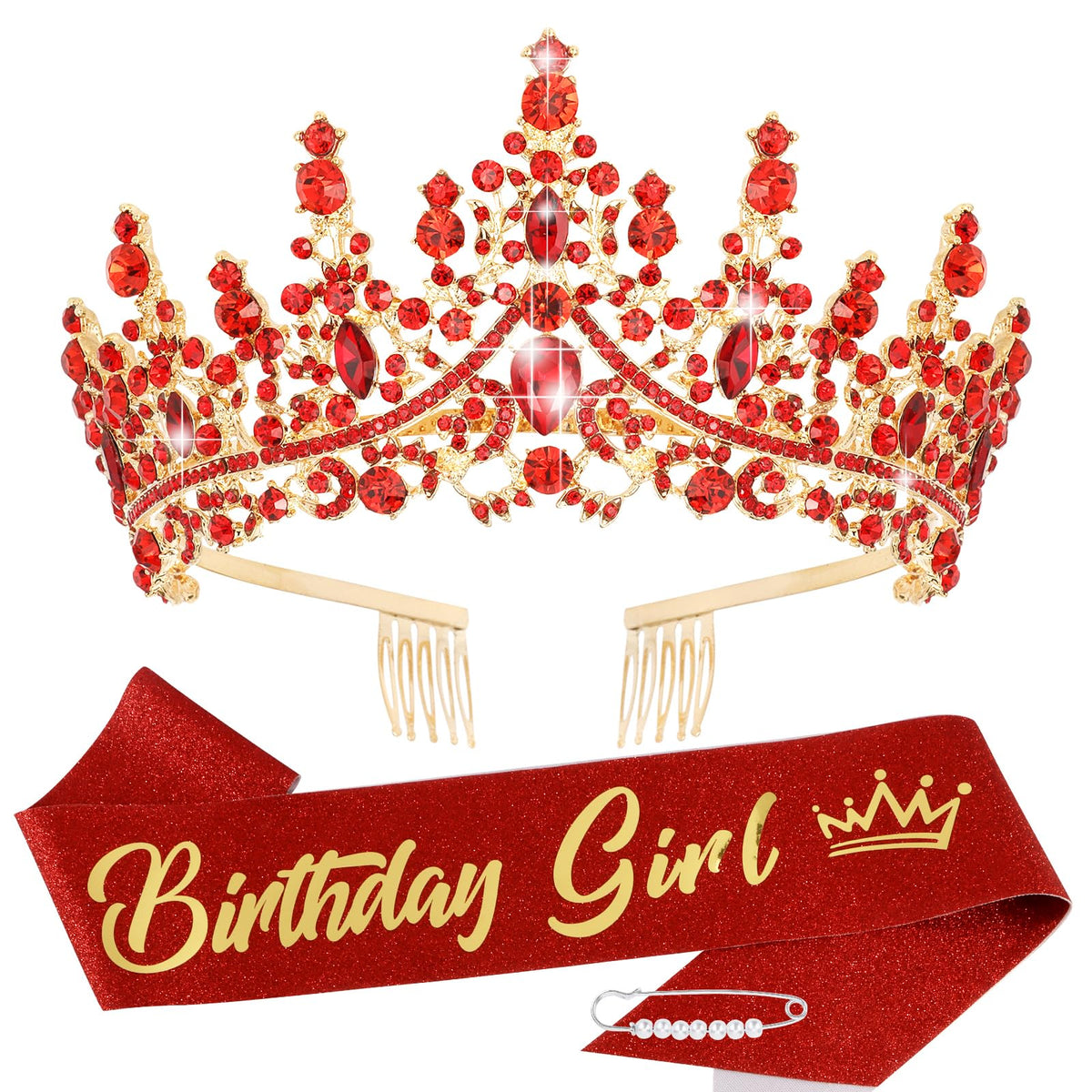 TOBATOBA Birthday Crown and Sash Set – Red Tiara for Women & Girls | Party Decorations & Gifts