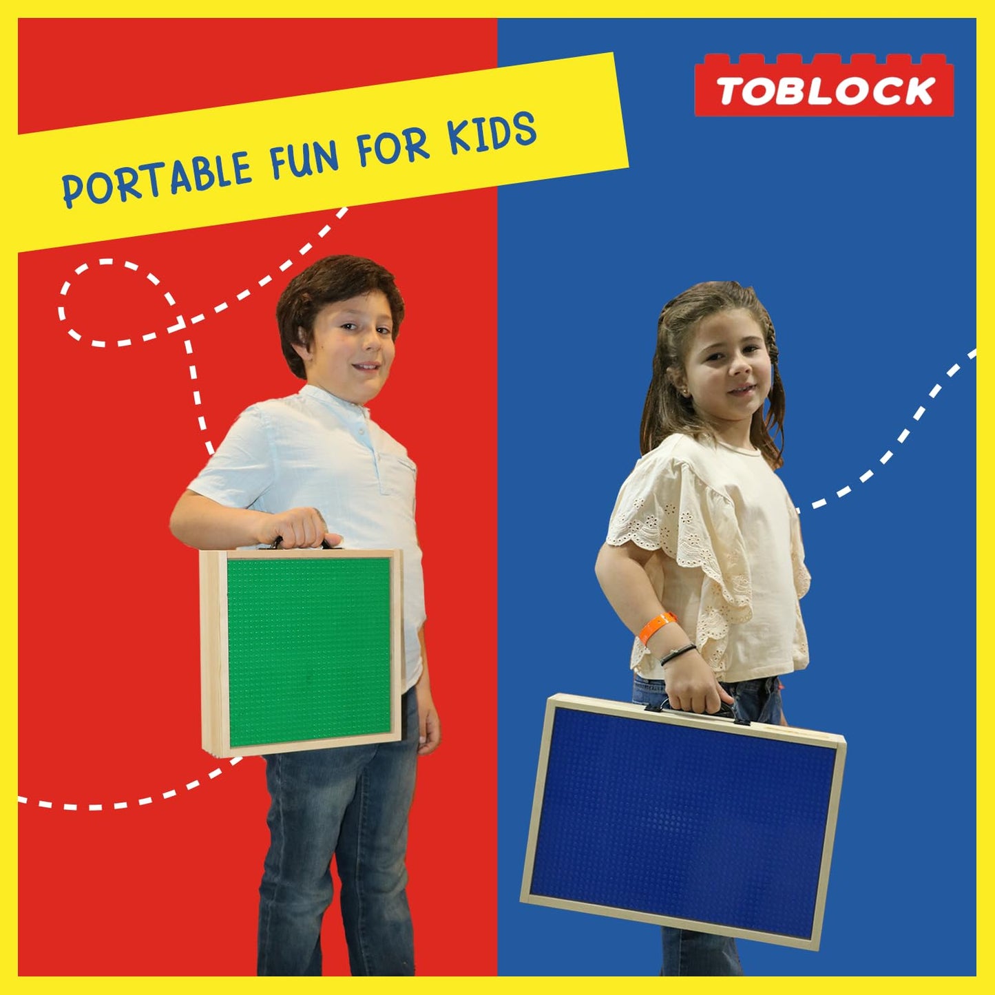 Toblock Wooden Box Building Blocks Organizer — 5 Compartments, Baseplate Lid & Handle