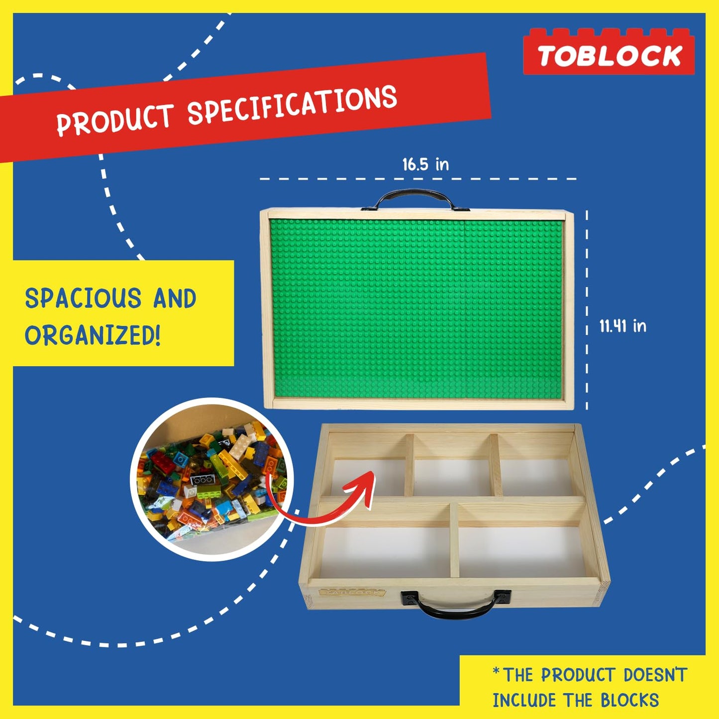 Toblock Wooden Box Building Blocks Organizer — 5 Compartments, Baseplate Lid & Handle