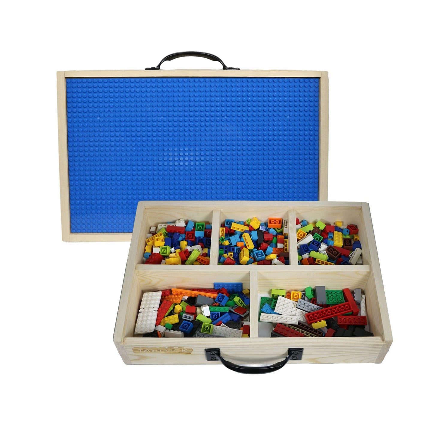 Toblock Wooden Box Building Blocks Organizer — 5 Compartments, Baseplate Lid & Handle