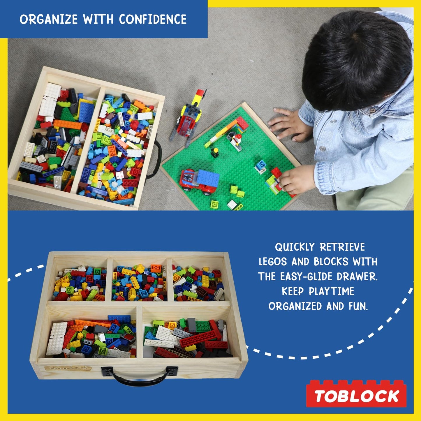 Toblock Wooden Box Building Blocks Organizer — 5 Compartments, Baseplate Lid & Handle