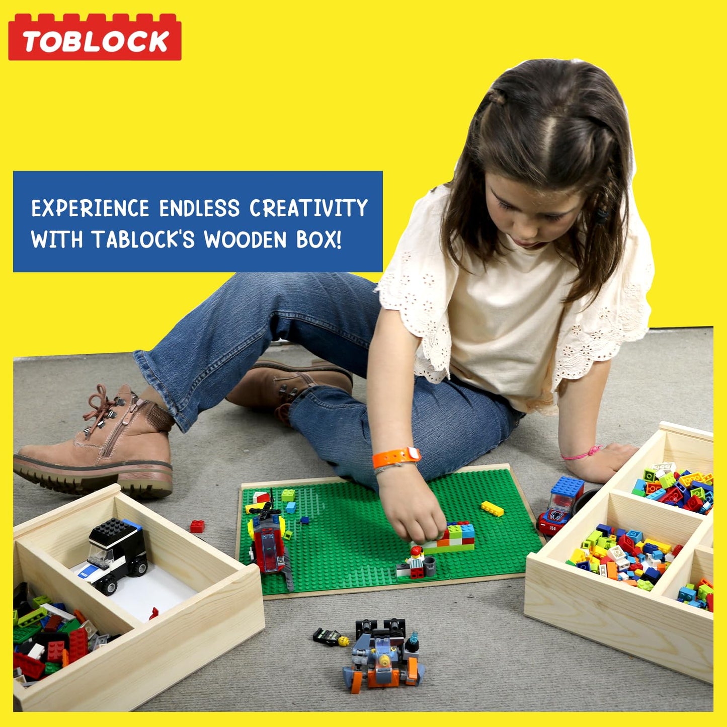Toblock Wooden Box Building Blocks Organizer — 5 Compartments, Baseplate Lid & Handle