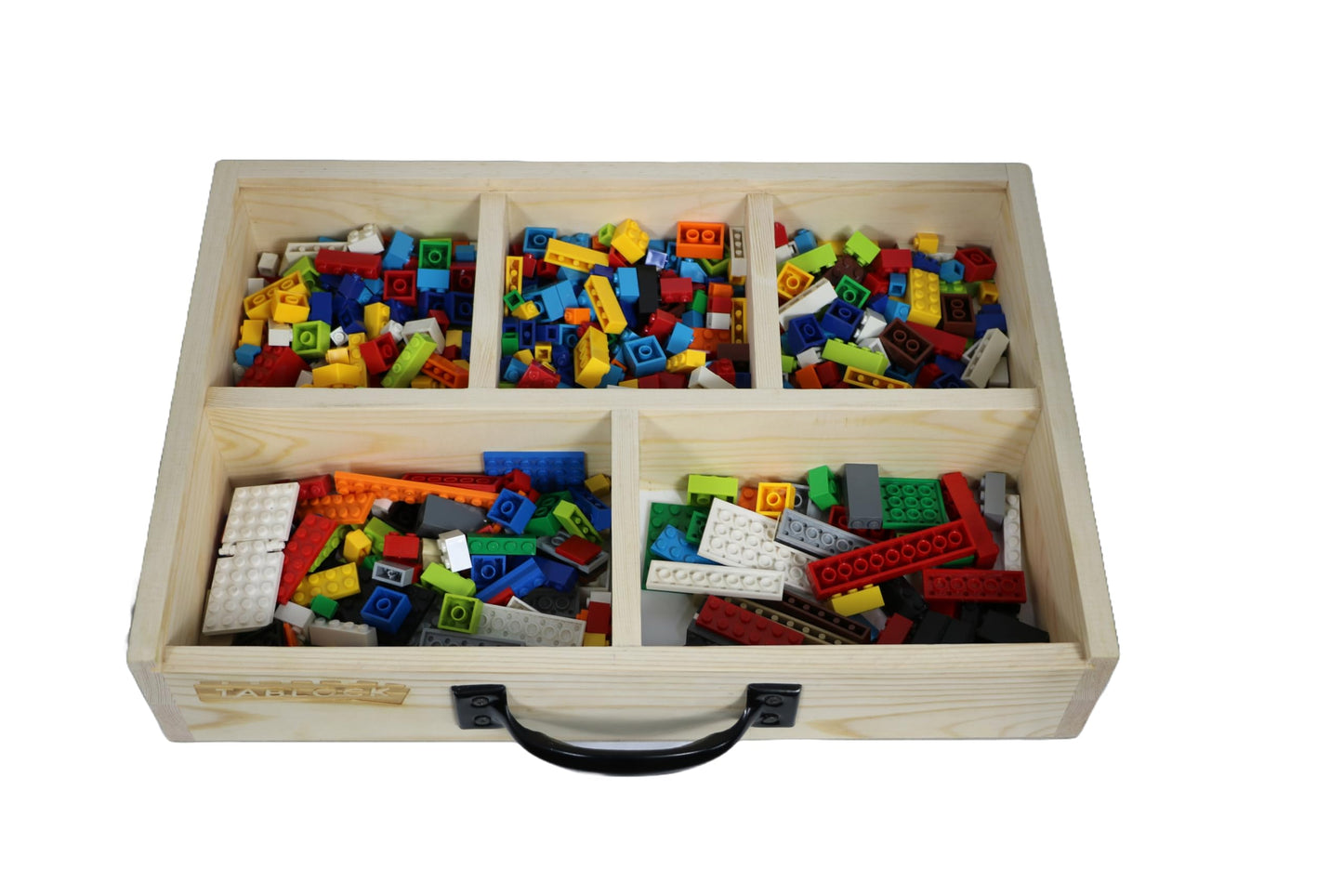 Toblock Wooden Box Building Blocks Organizer — 5 Compartments, Baseplate Lid & Handle