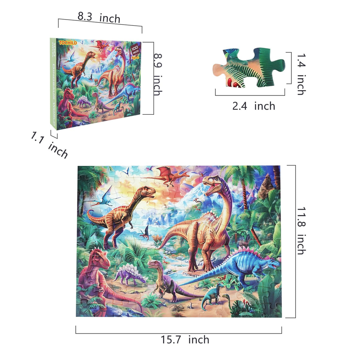TOCHILD 100-Piece Dinosaur Puzzle for Kids Ages 4-10 | Educational Jigsaw Toy