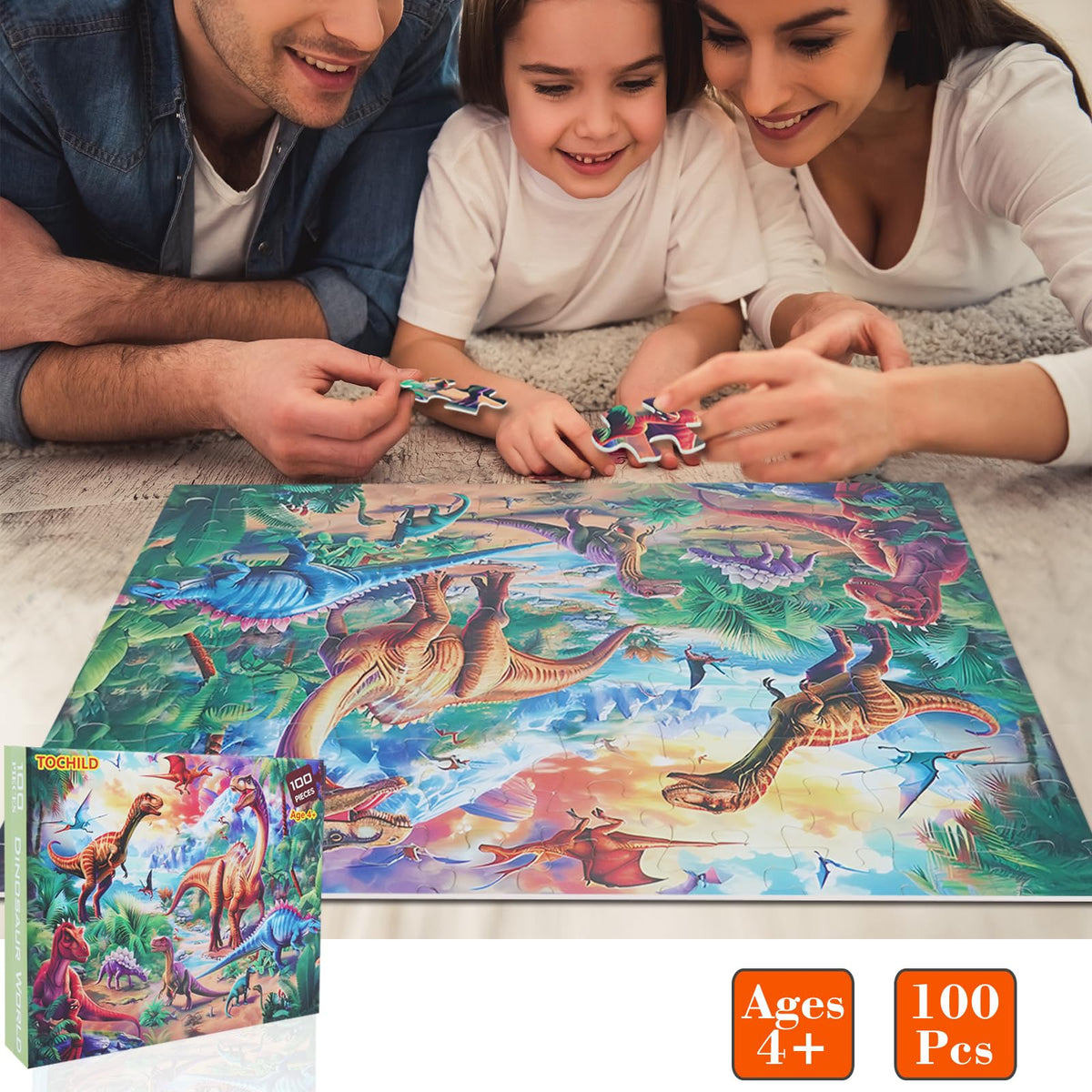 TOCHILD 100-Piece Dinosaur Puzzle for Kids Ages 4-10 | Educational Jigsaw Toy