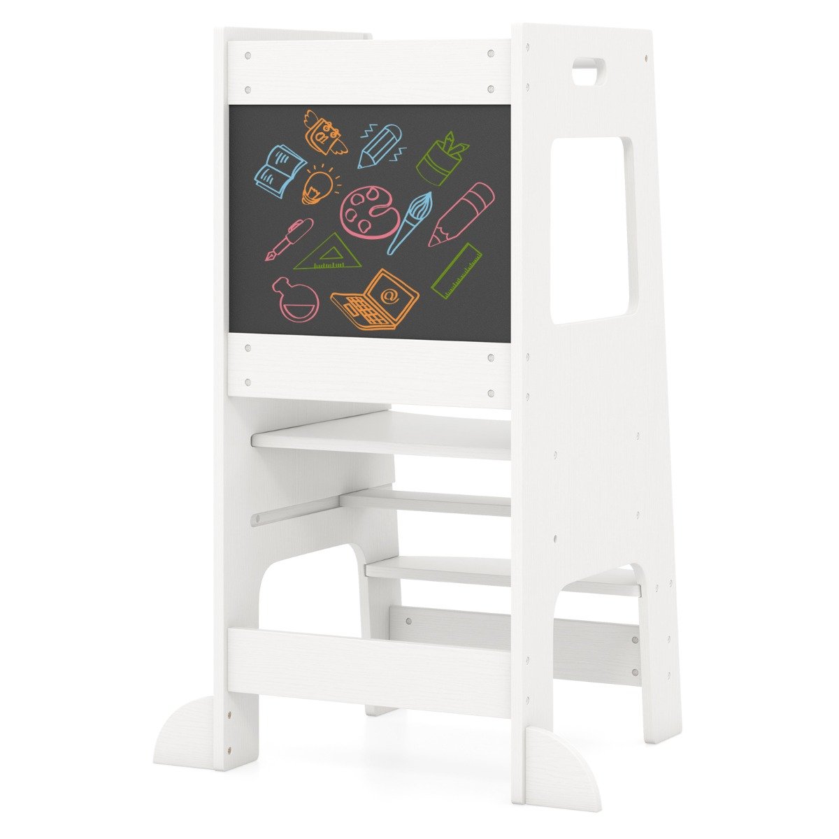 Toddler Kitchen Step Stool with Activity Chalkboard and Adjustable Height-Grey