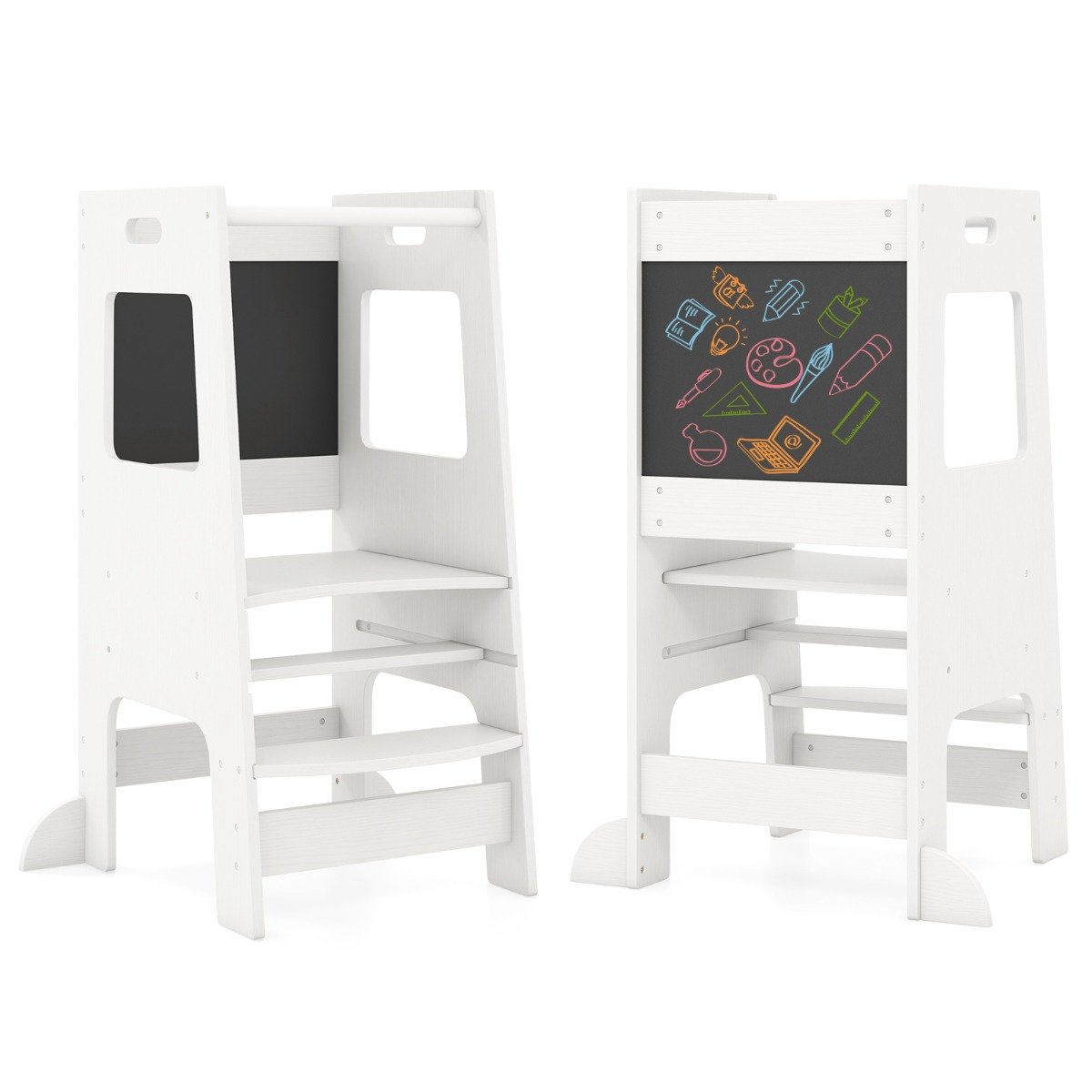 Toddler Kitchen Step Stool with Activity Chalkboard and Adjustable Height-Grey