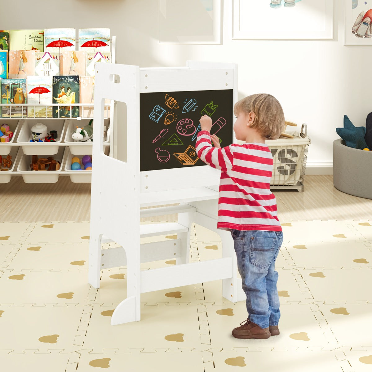 Toddler Kitchen Step Stool with Activity Chalkboard and Adjustable Height-Grey