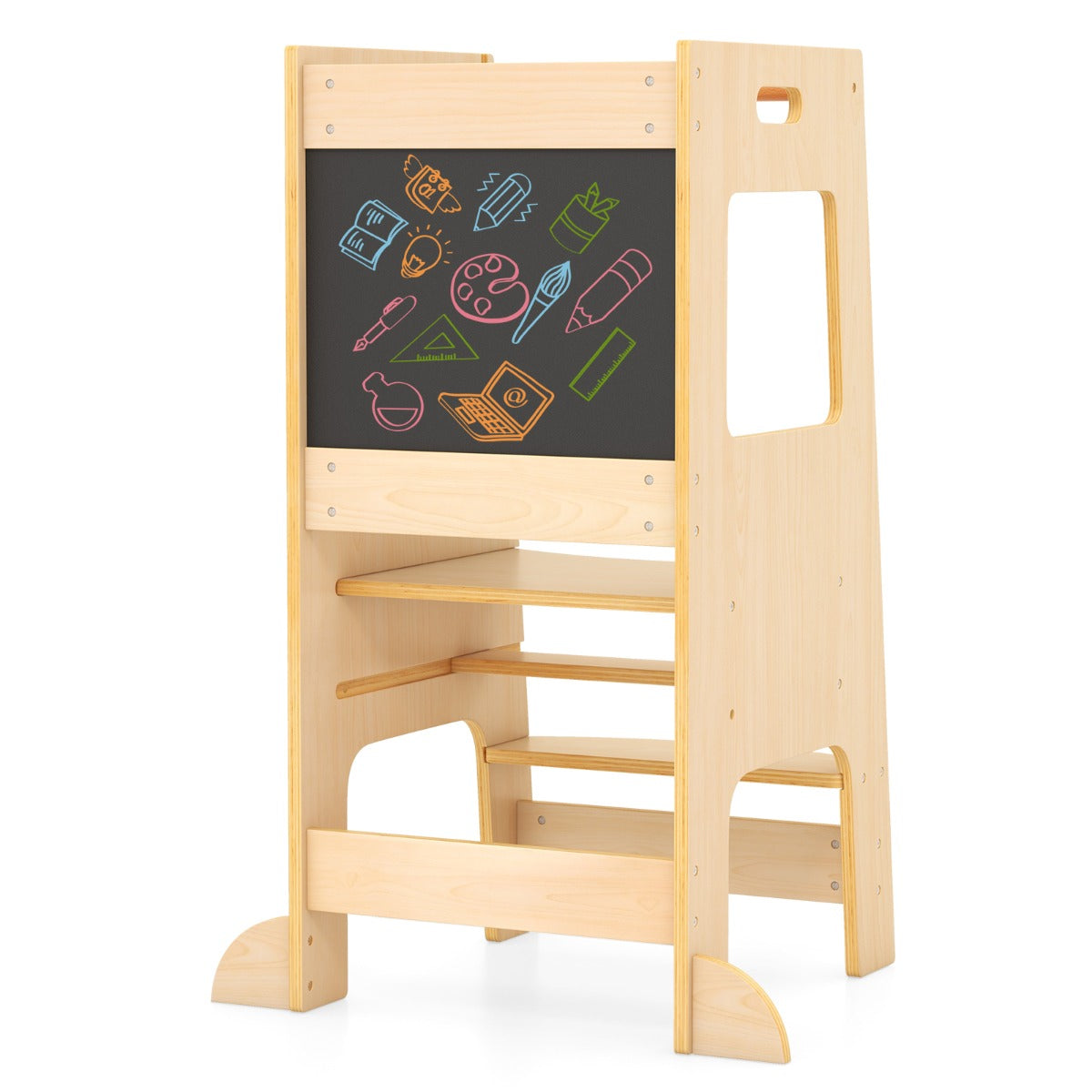 Toddler Kitchen Step Stool with Activity Chalkboard and Adjustable Height-Grey