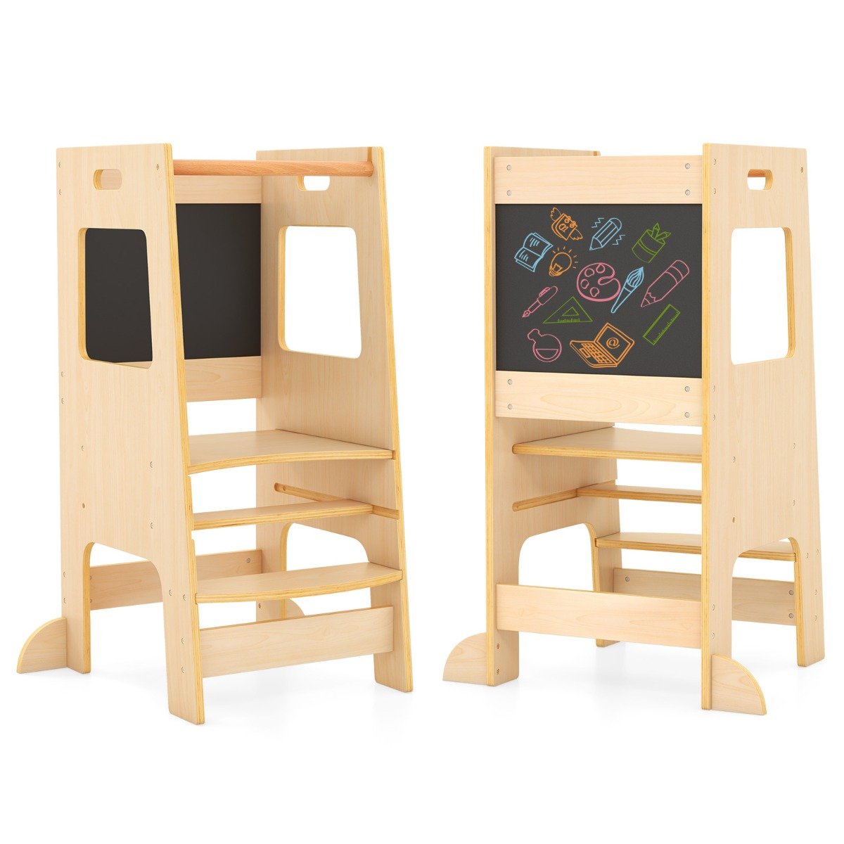 Toddler Kitchen Step Stool with Activity Chalkboard and Adjustable Height-Grey