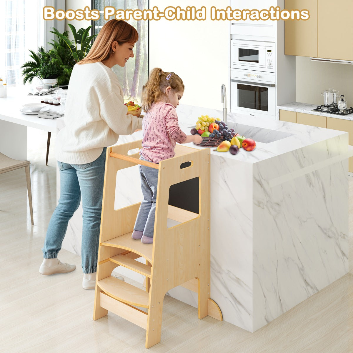 Toddler Kitchen Step Stool with Activity Chalkboard and Adjustable Height-Grey