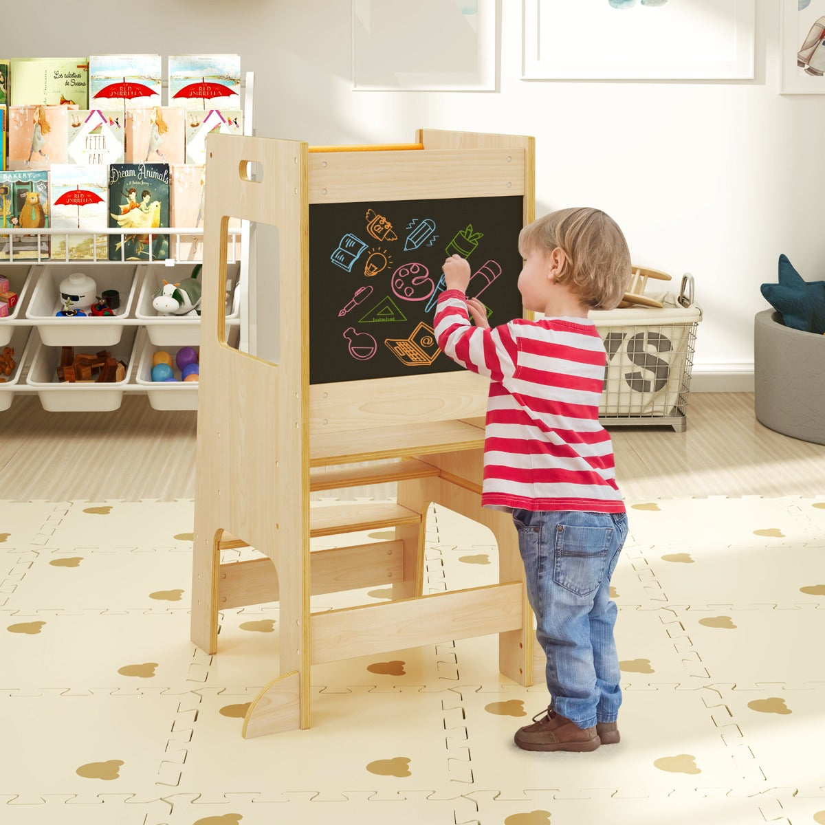 Toddler Kitchen Step Stool with Activity Chalkboard and Adjustable Height-Grey