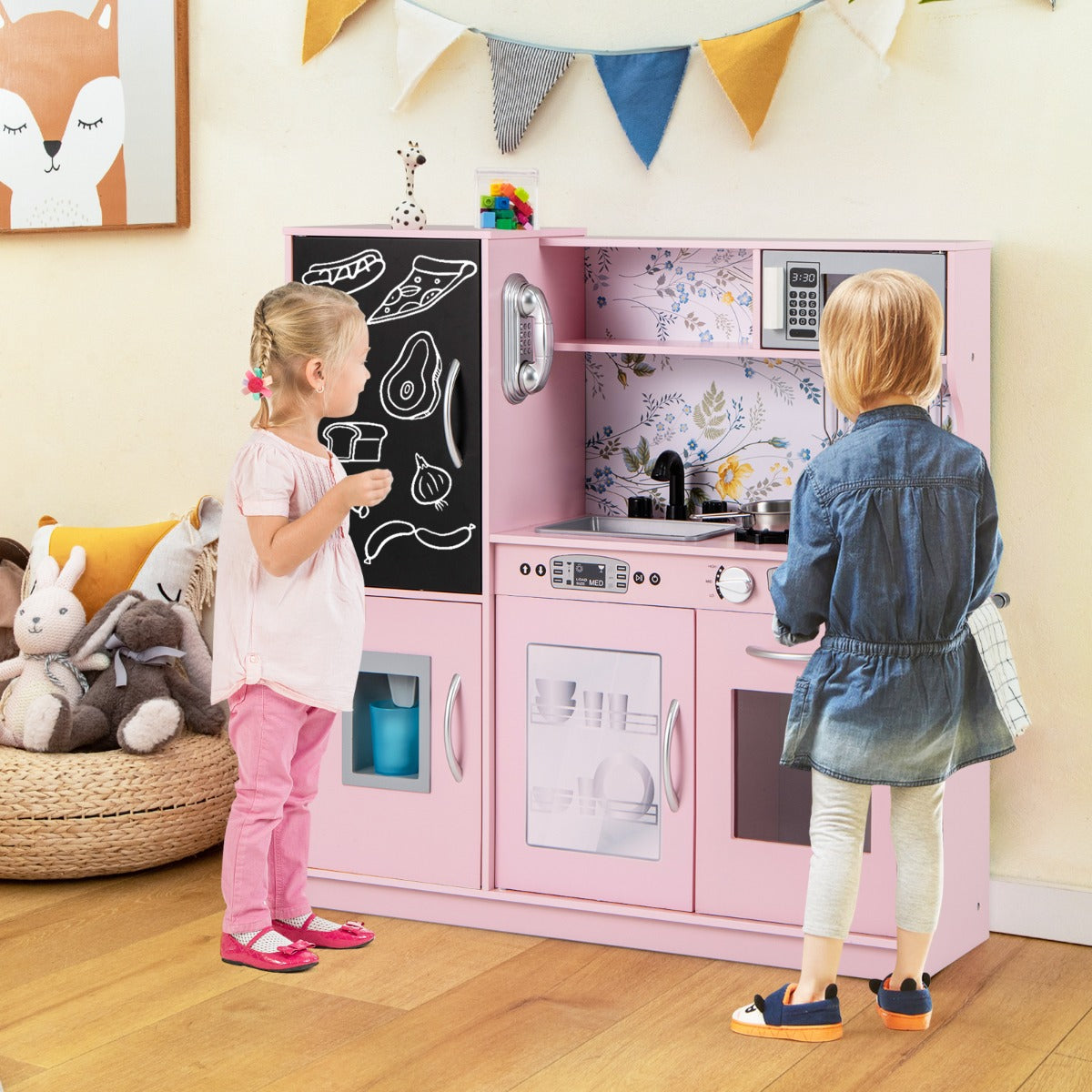 Toddler Pretend Kitchen Playset with Accessories and Simulated Sounds-Black
