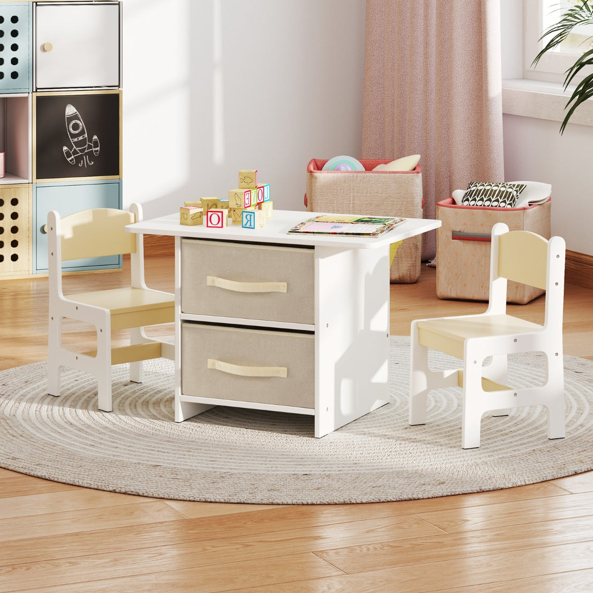 Toddler Wooden Activity Table & 2 Chairs Set with 2 Fabric Storage Bins-Beige