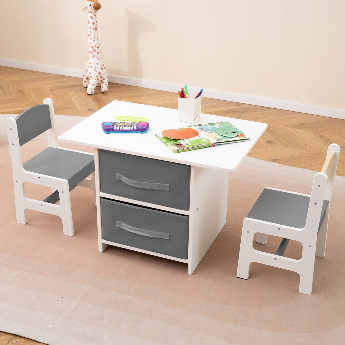 Toddler Wooden Activity Table & 2 Chairs Set with 2 Fabric Storage Bins-Beige