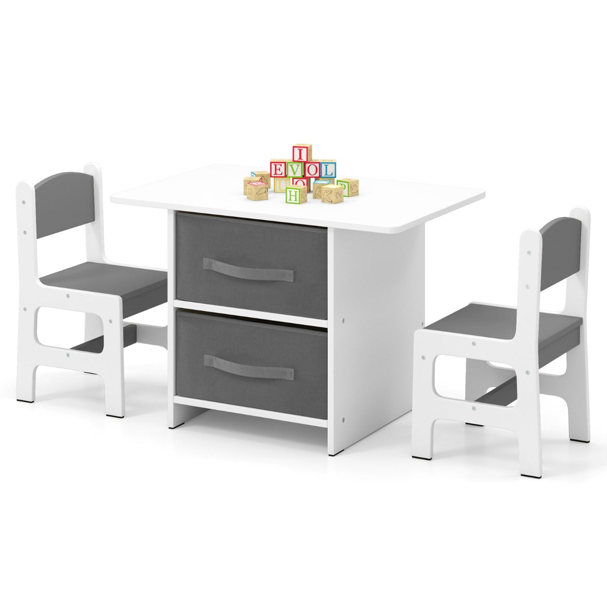Toddler Wooden Activity Table & 2 Chairs Set with 2 Fabric Storage Bins-Beige