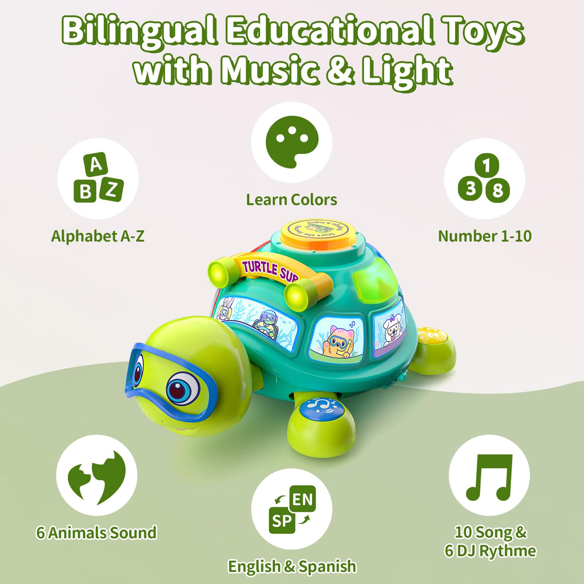 ToddlerCley Musical Turtle Toy – 6-12 Months, Bilingual Learning, Light-Up Sounds, Numbers & Letters