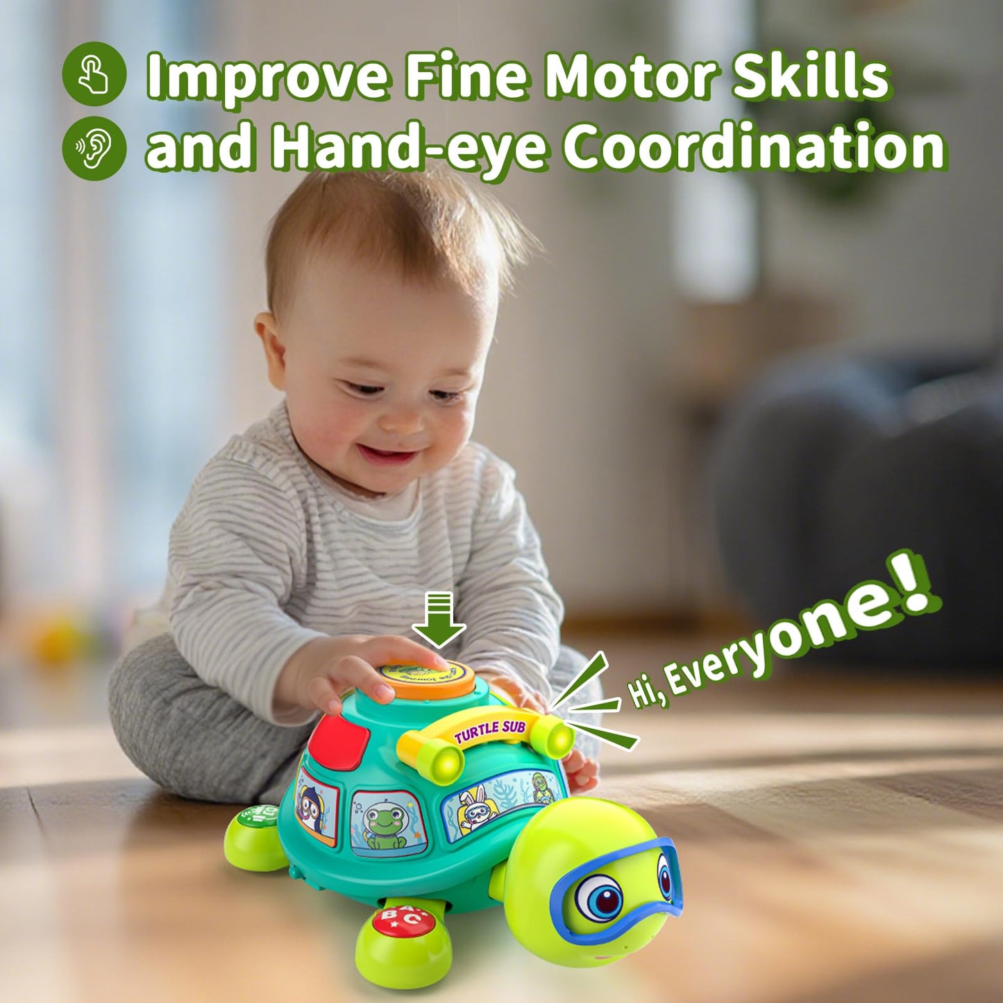 ToddlerCley Musical Turtle Toy – 6-12 Months, Bilingual Learning, Light-Up Sounds, Numbers & Letters