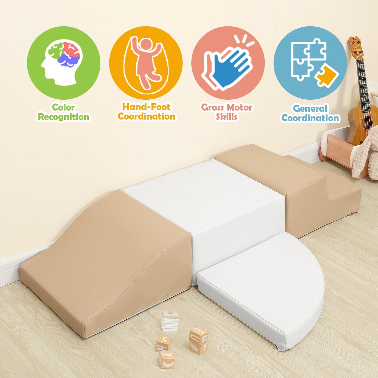 TODIBY 4-Piece Soft PU Leather Toddlers Climbing Toys – Indoor Foam Play Set (White & Coffee)
